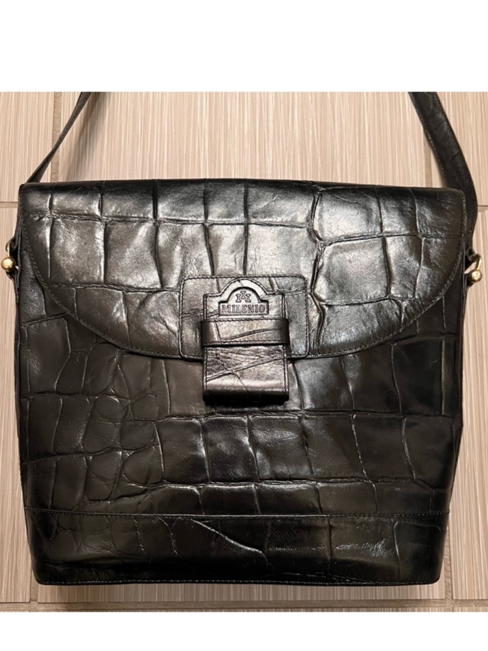 Vintage Black Crocodile Embossed Genuine Leather Crossbody Bag Milenio Colombia